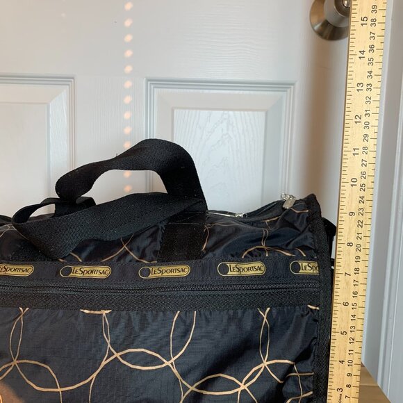 LeSportsac Black & Gold Geometric Nylon Duffel Bag – Weekender Travel Tote w/ St - Picture 3 of 12